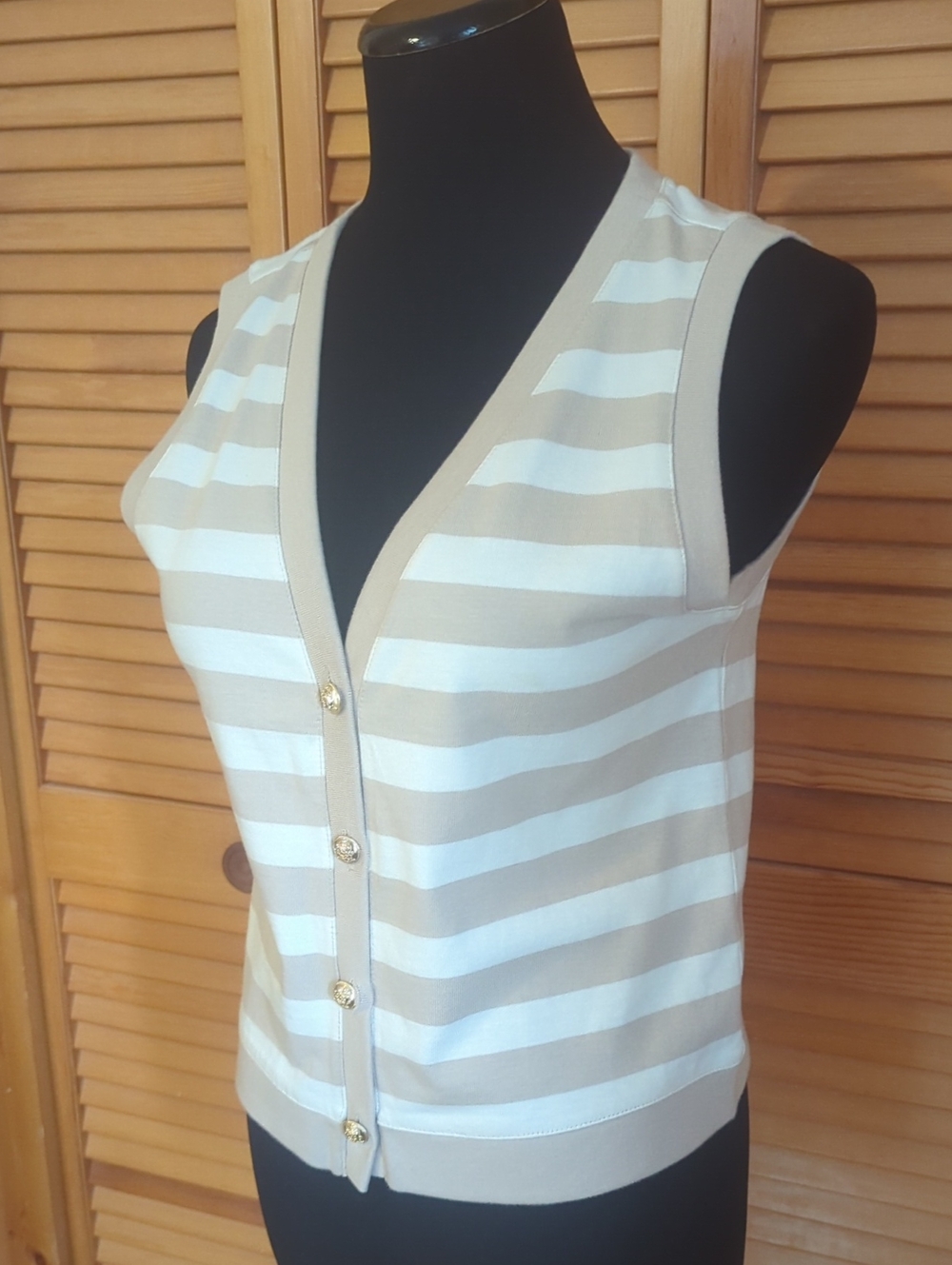 Ann Taylor Beige & White Striped Cotton Vest Gold Buttons Size Small Spring 2025